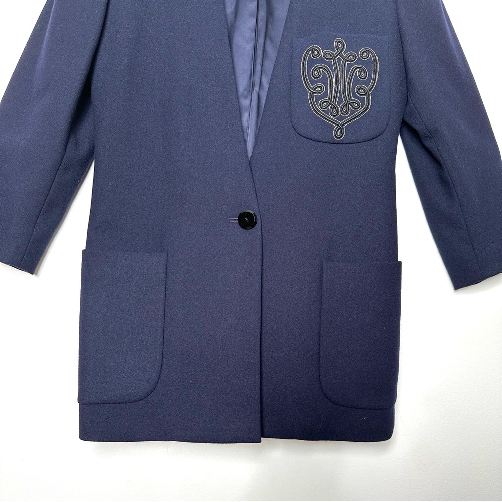 Vintage 100% Wool Preppy Heritage Old Money Navy Embroidered Crest Blazer - Picture 5 of 15